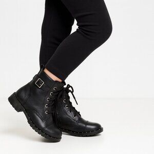 Kids Black Combat‎ Boots Side Zip Buckle Studded Sole Lace Up Size 12